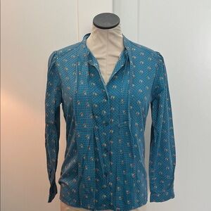 Vintage Blue Long Sleeve Horse Print Blouse